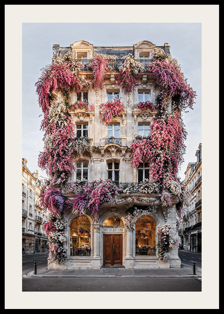 Photograph of classic facade covered in pink and white flowers-12