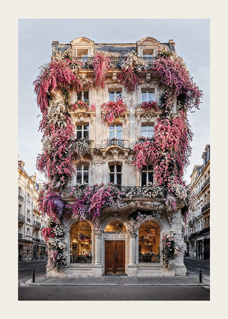 Photograph of classic facade covered in pink and white flowers-12