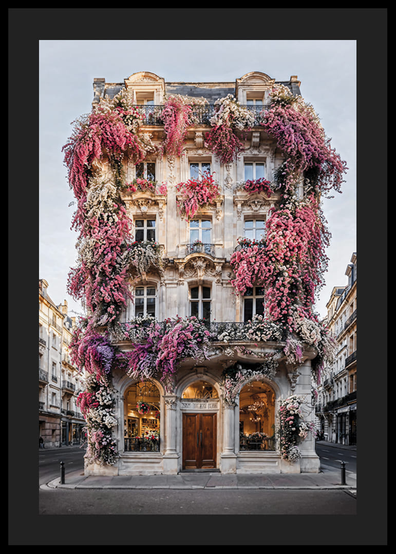 Photograph of classic facade covered in pink and white flowers-12