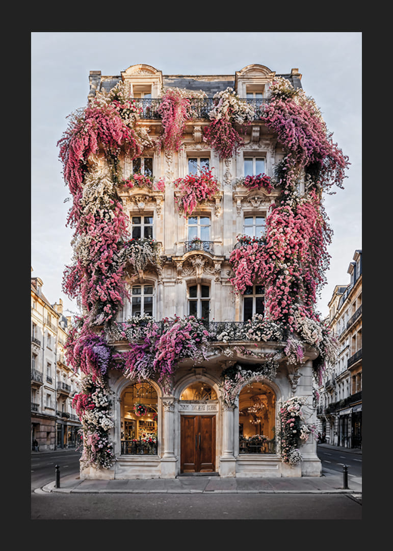 Photograph of classic facade covered in pink and white flowers-12