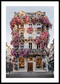 Photograph of classic facade covered in pink and white flowers-0