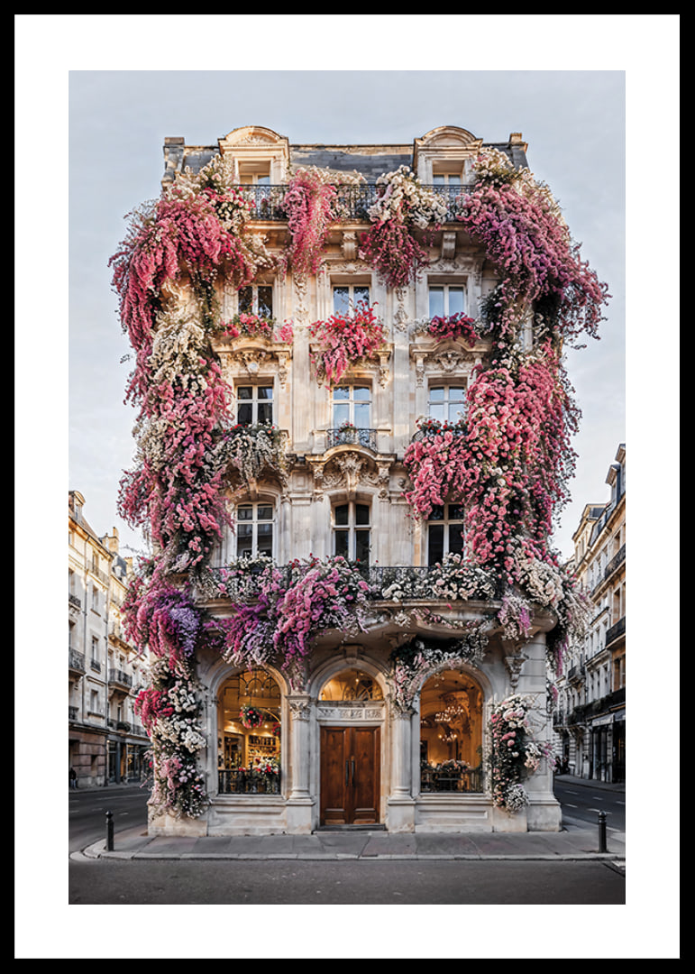 Photograph of classic facade covered in pink and white flowers-12