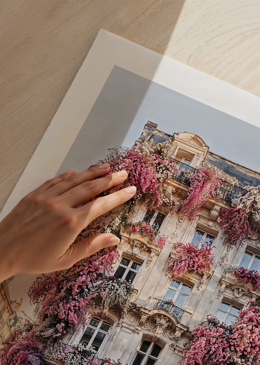 Photograph of classic facade covered in pink and white flowers-12