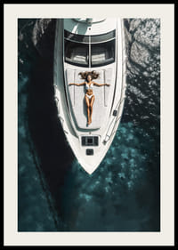Aerial view of woman in white swimsuit on luxury yacht over turquoise sea-2