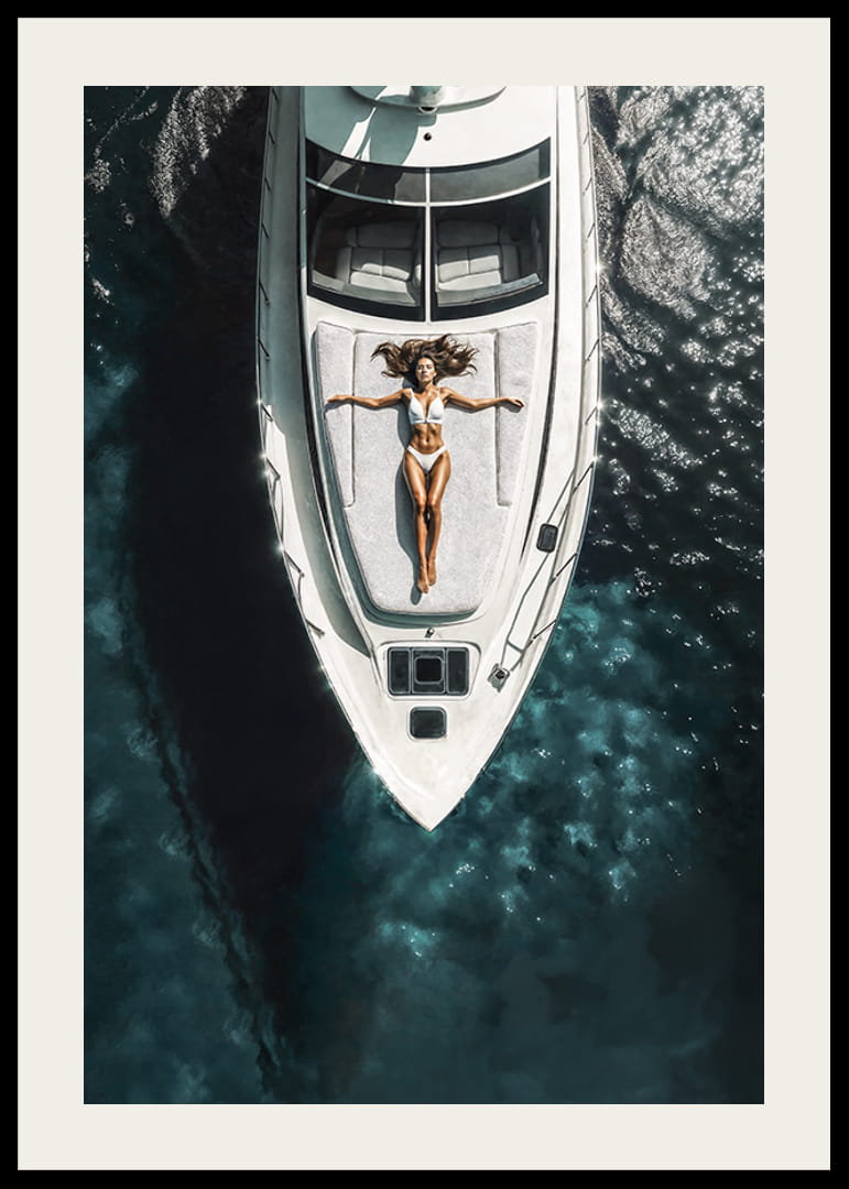 Aerial view of woman in white swimsuit on luxury yacht over turquoise sea-12