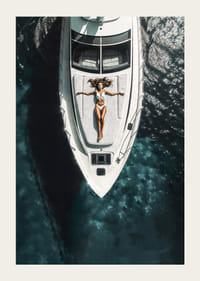 Aerial view of woman in white swimsuit on luxury yacht over turquoise sea-3