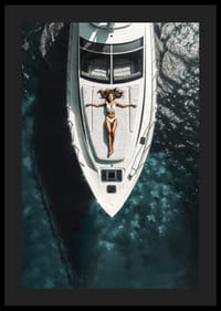 Aerial view of woman in white swimsuit on luxury yacht over turquoise sea-4