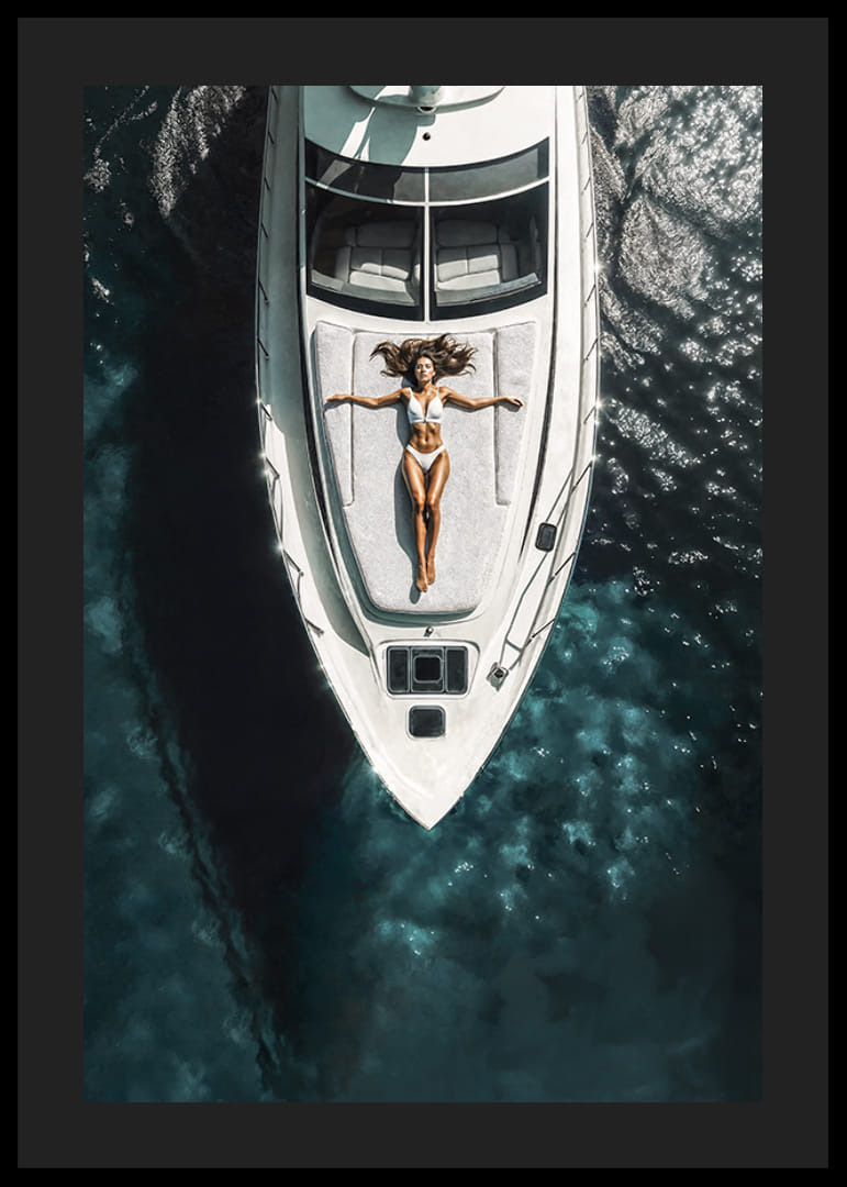 Aerial view of woman in white swimsuit on luxury yacht over turquoise sea-12