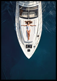 Aerial view of woman in white swimsuit on luxury yacht over turquoise sea-6