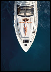 Aerial view of woman in white swimsuit on luxury yacht over turquoise sea-6