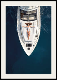Aerial view of woman in white swimsuit on luxury yacht over turquoise sea-2