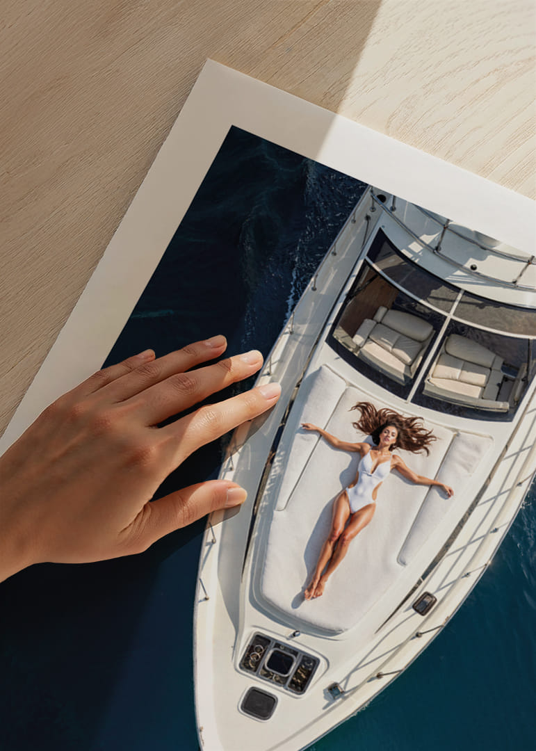 Aerial view of woman in white swimsuit on luxury yacht over turquoise sea-12