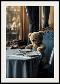 Teddybjörn vid dukat bord i elegant matsal med blått tema-2