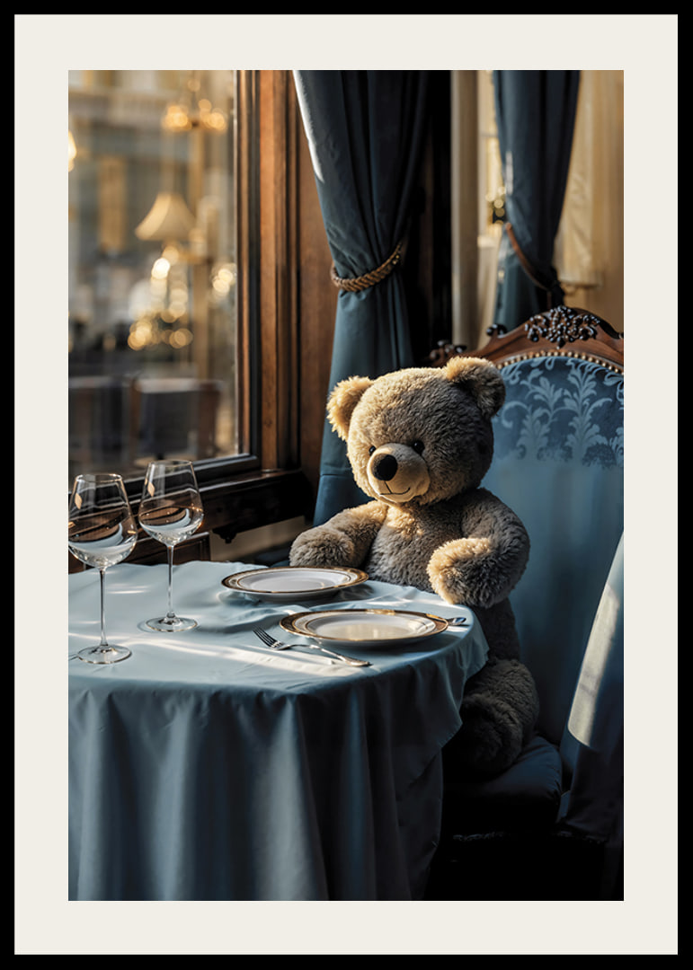 Teddybjörn vid dukat bord i elegant matsal med blått tema-12