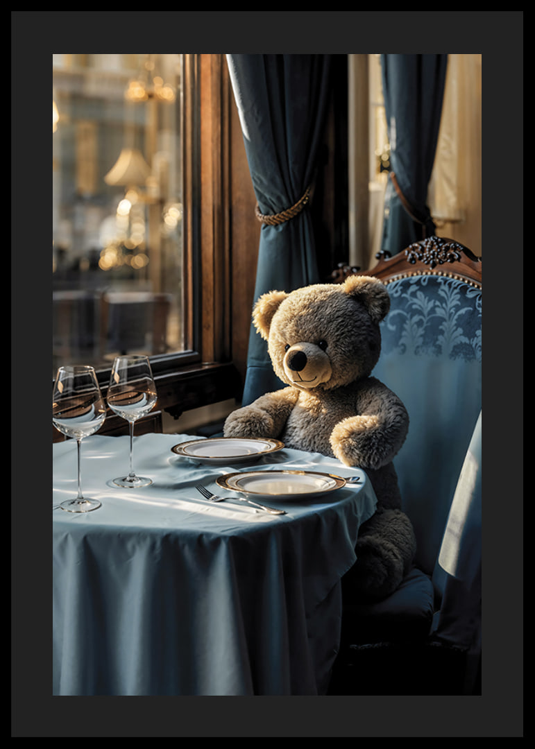 Teddybjörn vid dukat bord i elegant matsal med blått tema-12