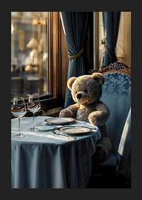 Teddybjörn vid dukat bord i elegant matsal med blått tema-5