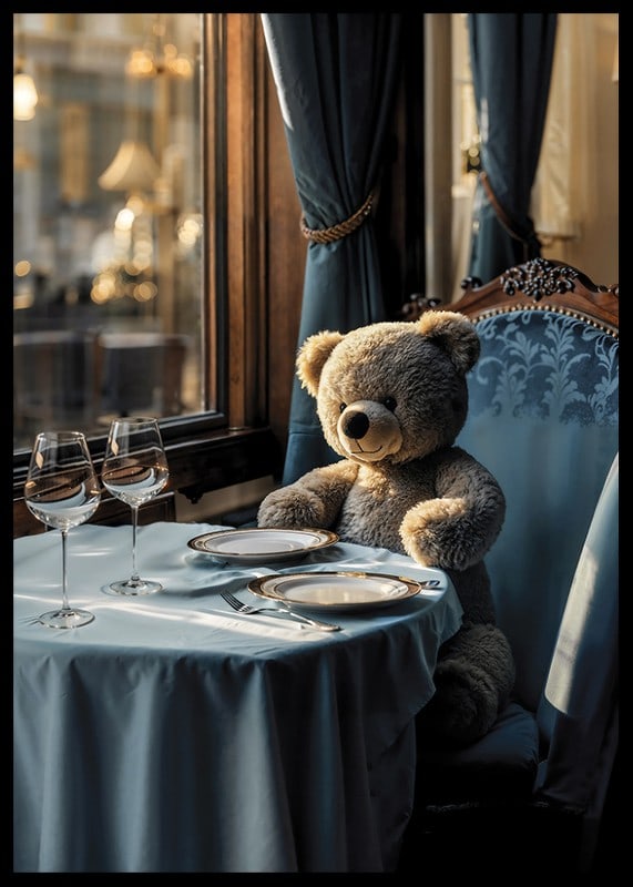 Teddybjörn vid dukat bord i elegant matsal med blått tema-12