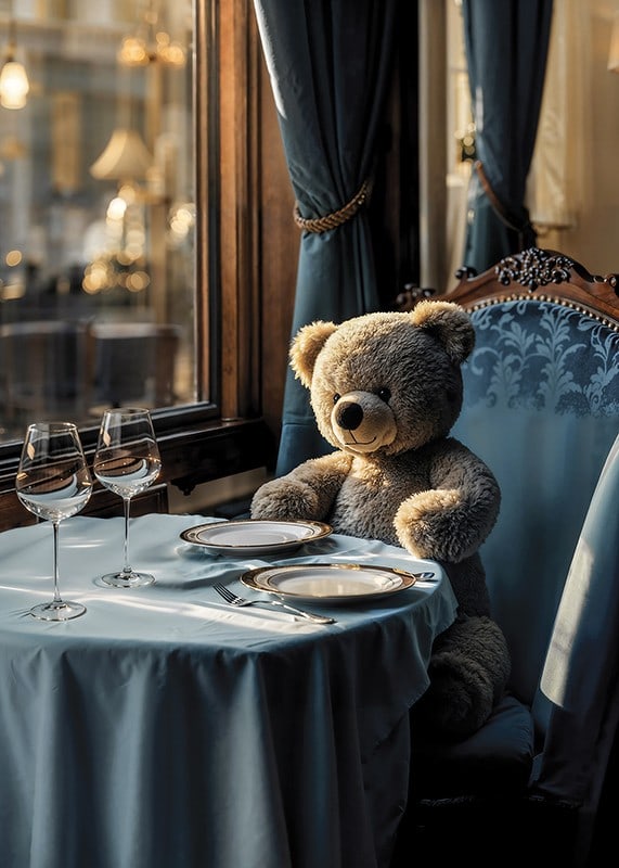 Teddybjörn vid dukat bord i elegant matsal med blått tema-12