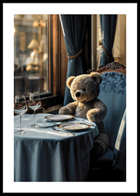 Teddybjörn vid dukat bord i elegant matsal med blått tema-0