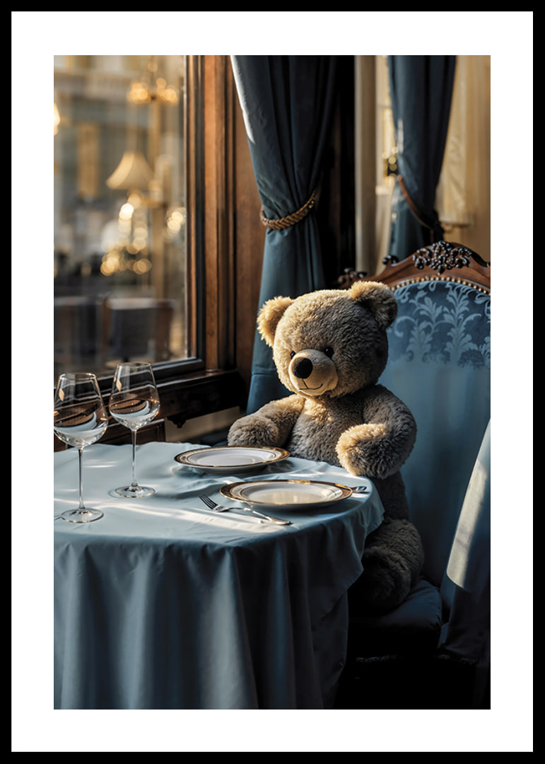 Teddybjörn vid dukat bord i elegant matsal med blått tema-12