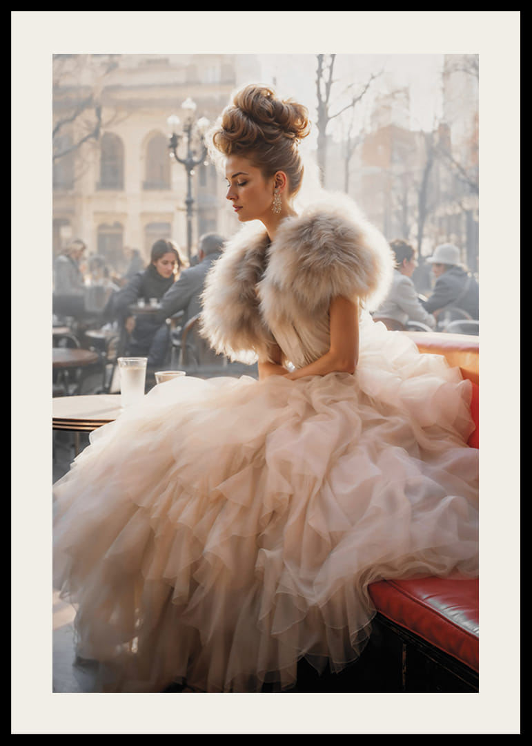 Photographic portrait of woman in voluminous dress at cafe-12