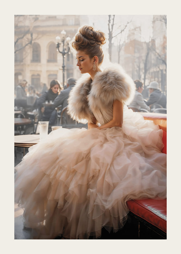 Photographic portrait of woman in voluminous dress at cafe-12