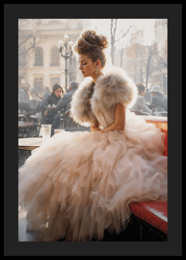 Photographic portrait of woman in voluminous dress at cafe-12