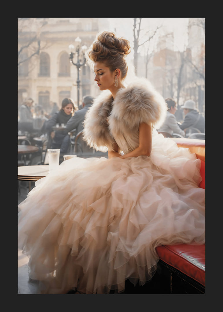 Photographic portrait of woman in voluminous dress at cafe-12
