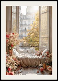 Photographic motif of sofa bed by open window with flowers-2