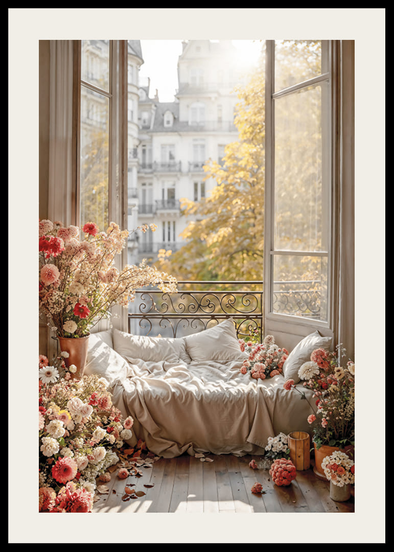 Photographic motif of sofa bed by open window with flowers-12