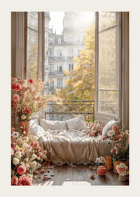 Photographic motif of sofa bed by open window with flowers-3
