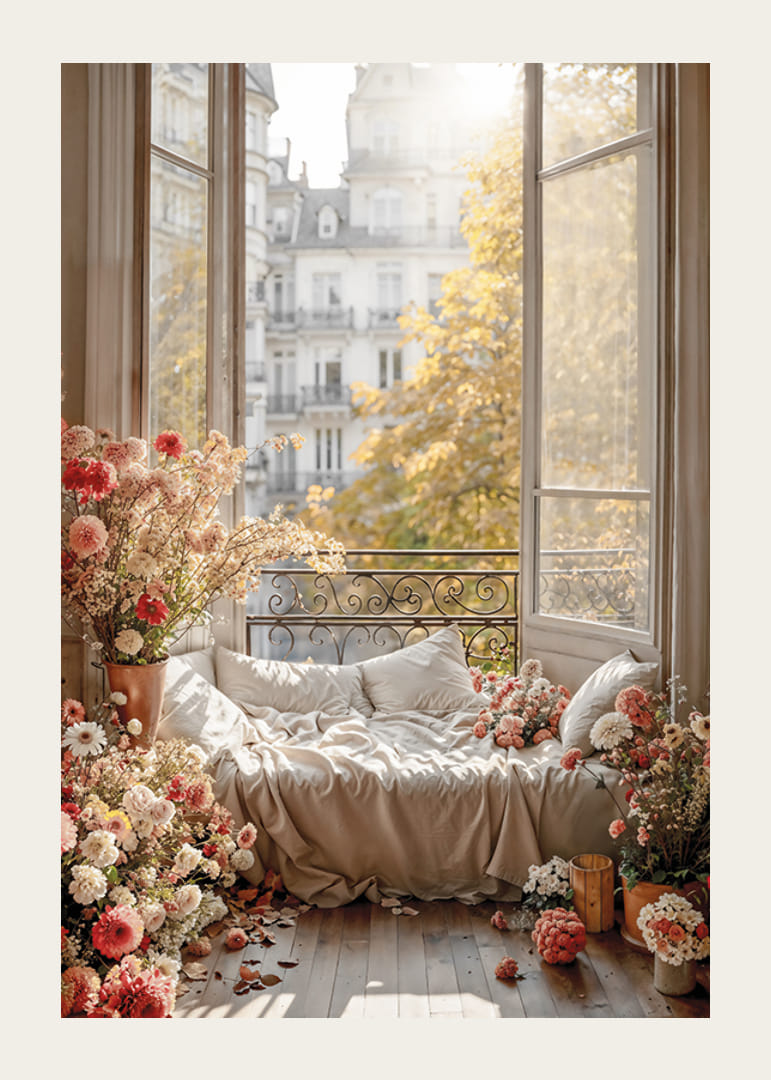 Photographic motif of sofa bed by open window with flowers-12