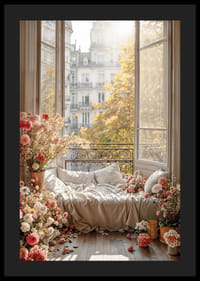 Photographic motif of sofa bed by open window with flowers-4