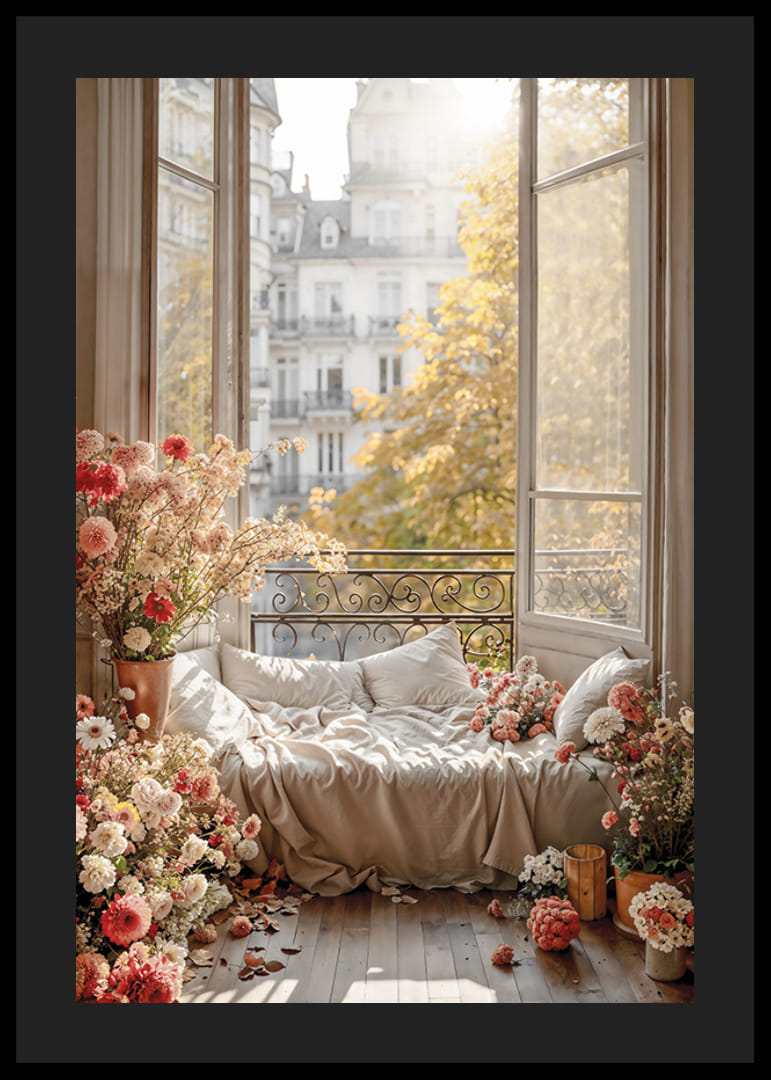 Photographic motif of sofa bed by open window with flowers-12