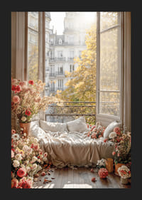 Photographic motif of sofa bed by open window with flowers-5