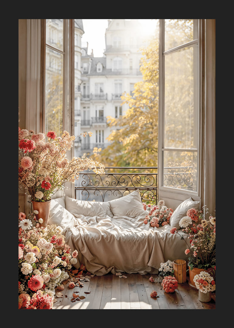 Photographic motif of sofa bed by open window with flowers-12