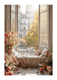 Fotografiskt motiv av bäddsoffa vid öppet fönster med blommor-1