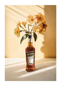 Fotografi av Aperolflaska med ljusgula blommor i soligt ljus-1