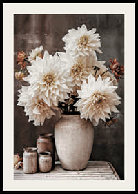 Photograph of white dahlias in rustic pot, muted tones-2