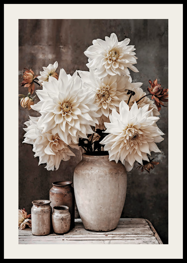 Photograph of white dahlias in rustic pot, muted tones-12