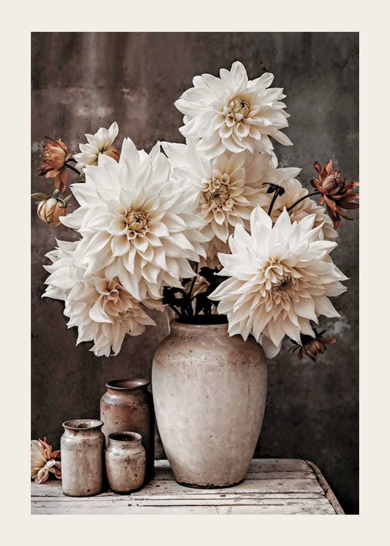 Photograph of white dahlias in rustic pot, muted tones-12