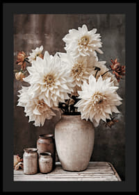 Photograph of white dahlias in rustic pot, muted tones-4