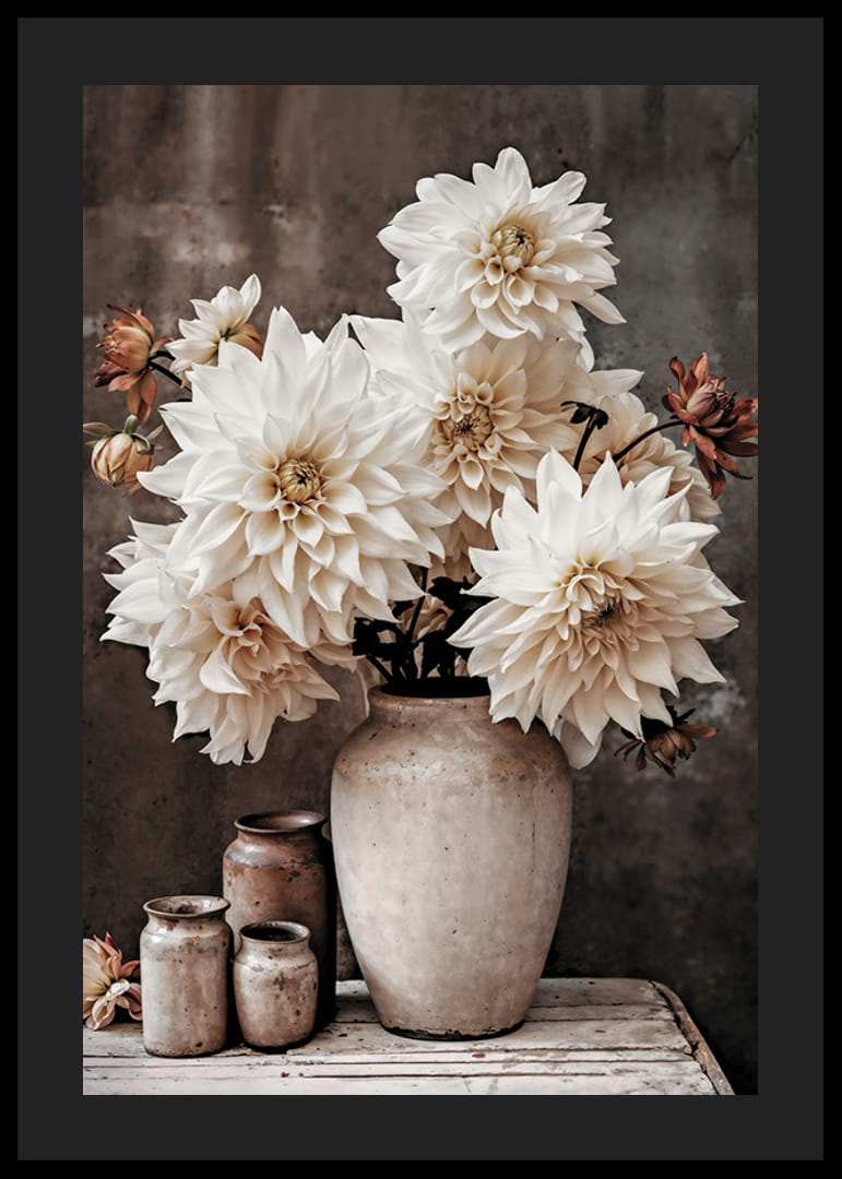 Photograph of white dahlias in rustic pot, muted tones-12