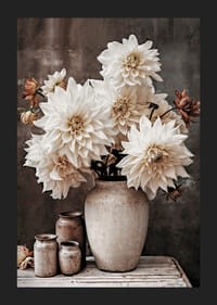 Photograph of white dahlias in rustic pot, muted tones-5