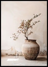 Photograph of rustic clay pot with flowering twig in soft beige tones-6