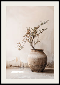 Photograph of rustic clay pot with flowering twig in soft beige tones-2