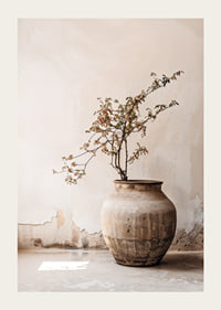 Photograph of rustic clay pot with flowering twig in soft beige tones-3