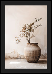 Photograph of rustic clay pot with flowering twig in soft beige tones-4