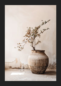 Photograph of rustic clay pot with flowering twig in soft beige tones-5