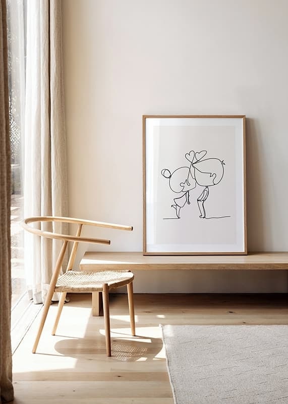 Poster med en minimalistisk line art illustration av en flicka och en pojke som förmedlar kärlek-12